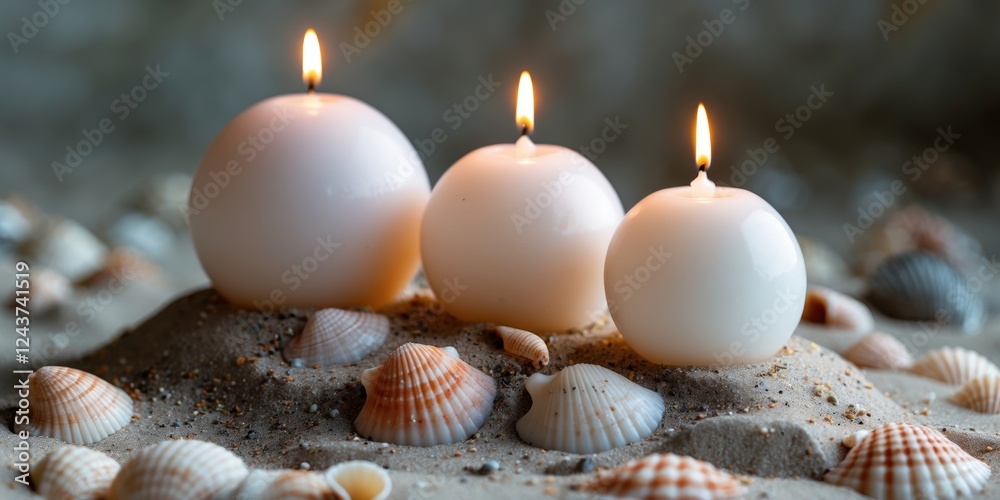 Poster three spherical candles on a sandy surface adorned with seashells creating a serene and inviting atm