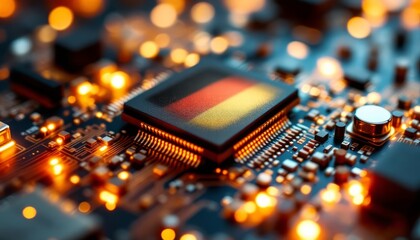German Technology: A detailed view of a microchip with the German flag