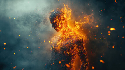 Stunning Conceptual Art of a Fiery Human Figure Emanating Flames and Light Against a Dark, Smoky Background in a Surreal and Dramatic Scene