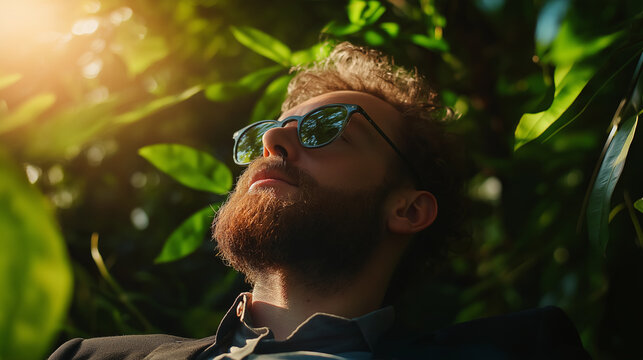 Man enjoying a moment of relaxation in a botanical garden wearing sunglasses surrounded by lush greenery during golden hour