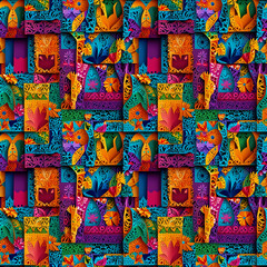 Naklejka premium Colorful seamless background with mexican paper flags, floral and geometric patterns
