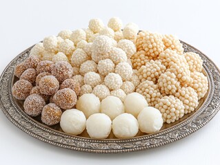 A traditional Bengali sweet platter featuring glowing sandesh, rasgulla, and chomchom, arranged neatly on a silver tray. The bright white and golden hues of the sweets create a festive, inviting 
