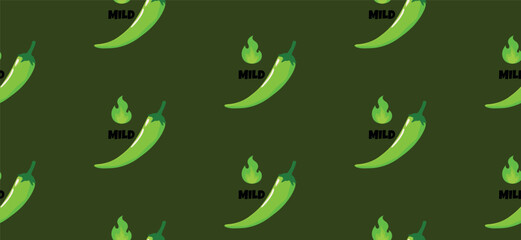 Vector Seamless horizontal pattern with jalapeno pepper hot spicy level labels. Habanero pepper with green flames repeat pattern for decoration and print. Green jalapeno repetition pattern
