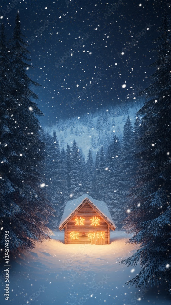 Poster snow is gently falling on a cozy wooden cabin nestled in a snow covered forest, creating a magical w