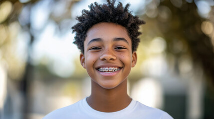 Young boy with curly hair and braces smiling joyfully outdoors against a blurred background of trees and sunlight in a cheerful atmosphere of youth and happiness