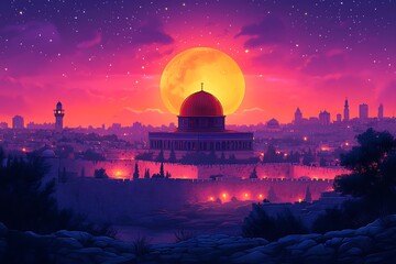 Obraz premium Mystical Jerusalem at Dawn, Dome of the Rock Illuminated