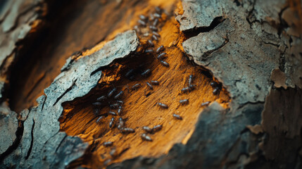 Close-Up View of Termites Feeding on Decaying Wood in a Forest Environment Highlighting the Intricate Life Cycle of these Essential Ecosystem Decomposers