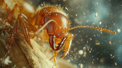 Close-Up View of an Ant in Its Natural Habitat, Capturing Intricate Details of Its Body Structure, Antennae, and Textured Exoskeleton with Soft Bokeh Background
