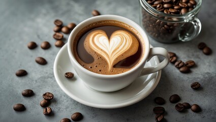 Obraz premium Delicious cup of coffee with heart shaped latte art surrounded by roasted coffee beans on a rustic grey background