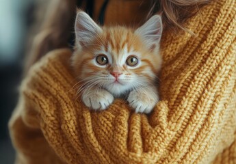 Adorable orange kitten snuggled in cozy sweater, looking curiously at the camera, evoking feelings of warmth, comfort, and endearing companionship