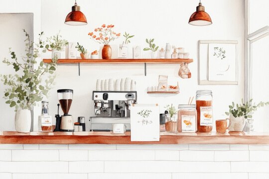A dreamy watercolor depiction of a coffee shop counter where a customer is redeeming a loyalty voucher for a free drink