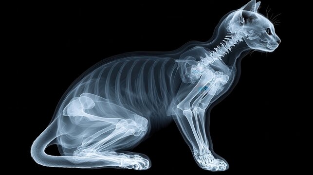 X ray image of a cat in a seated position, showcasing its skeletal structure and internal anatomy against a black background.