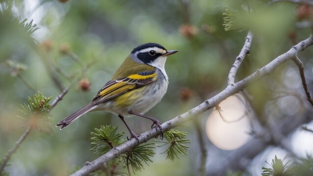 Northern Parula warbler perched on a branch amidst green foliage, showcasing vibrant plumage in a boreal forest setting.