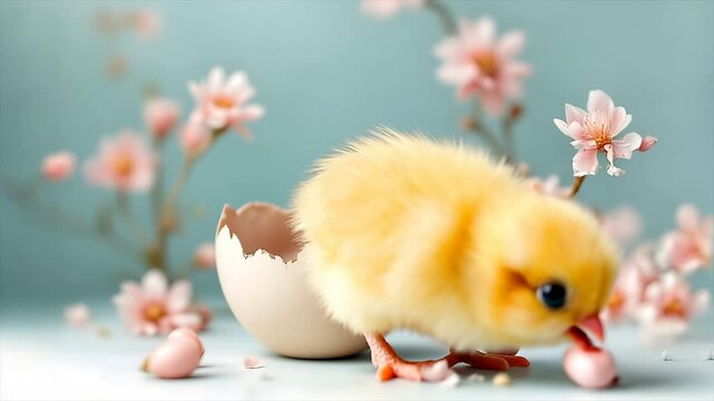 A cute small chick coming out a cracked eggshell. Easter background  with pink spring flowers