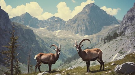 Alpine Ibex grazing in scenic mountain landscape with lush greenery and majestic peaks in the background during a bright sunny day.