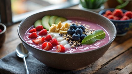 Colorful Acai Bowl with Fresh Fruits and Granola Served in Rustic Kitchen Setting