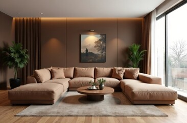 Stylish, modern living room in mocha mousse color
