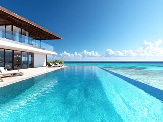 Fototapeta premium a luxury beach resort, overwater bungalows, infinity pool by the ocean, highend travel destination, ultradetailed, isolated on white background