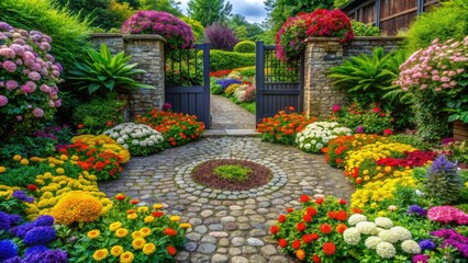 Obraz premium Vibrant colorful flowers arranged in a circular pattern along a stone path leading to a garden gate, blooms, flowers, arrangement, color