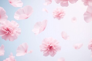 pink flowers and petals suspended mid air light blue to white bg