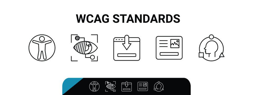 WCAG standards icons outline the principles of accessibility, featuring universal access, visual clarity, and adaptability, transparent background. Outline icons set.