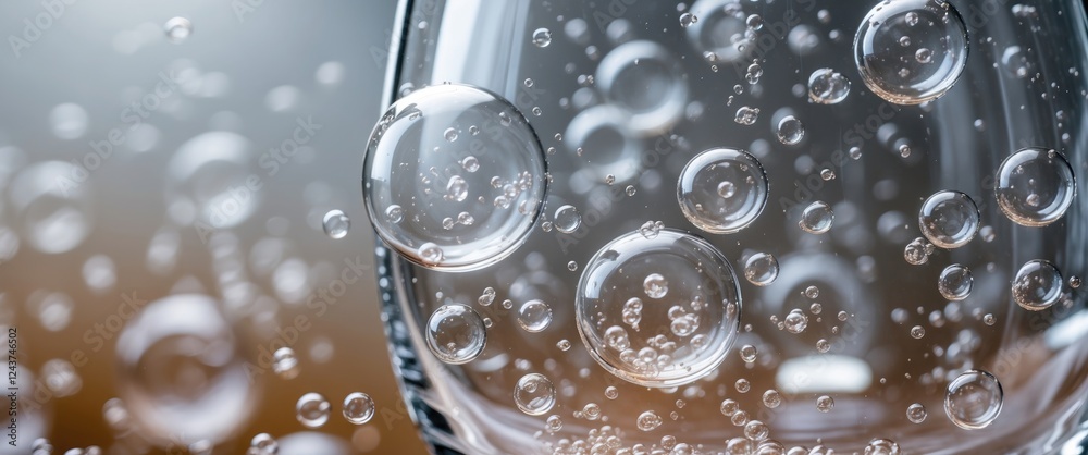 Poster close-up of bubbles in a glass creating an abstract, visually appealing background with varying size