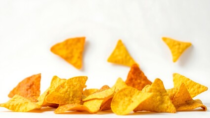 Naklejka premium Colorful tortilla chips in mid-air and scattered on a plain background