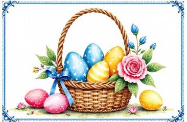 A watercolor Easter card in French chinoiserie style, featuring a basket of vibrant Easter eggs and roses. The card is framed with a vintage blue chinoiserie border and adorned with a coordinating