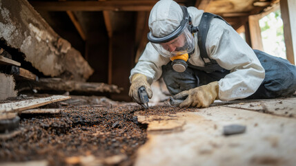 Professional Exterminator in Protective Gear Inspecting and Treating Pest Infestation in Wooden Structure During Renovation Process