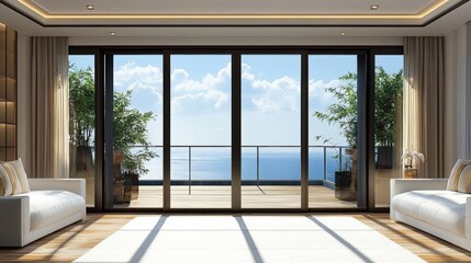Modern Luxury Interior with Large Windows and Bright Views Overlooking the Ocean, Featuring Contemporary Furniture and Elegant D&eacute;cor