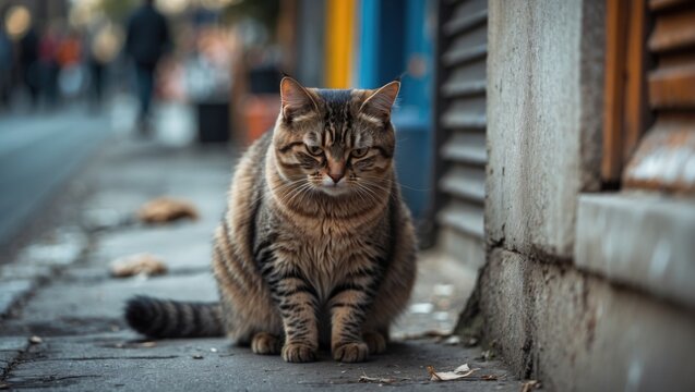 A lonely tabby cat sitting on a city sidewalk surrounded by urban scenery and autumn leaves looking contemplative and sad.