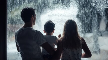 A family inside a hurricaneproof room, feeling safe during a severe storm outside `