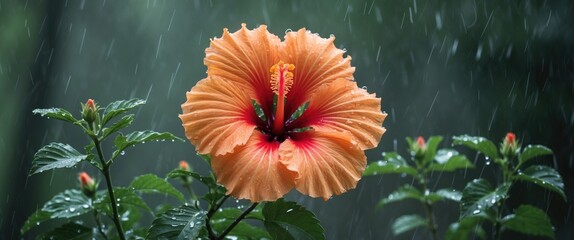 Orange Hibiscus Flower Glistening After Rain with Green Foliage and Blank Space for Text or Design Elements