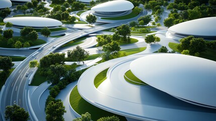 Aerial view of a complex multilevel highway interchange, intricate urban road network, futuristic city planning, highdetail geometric patterns