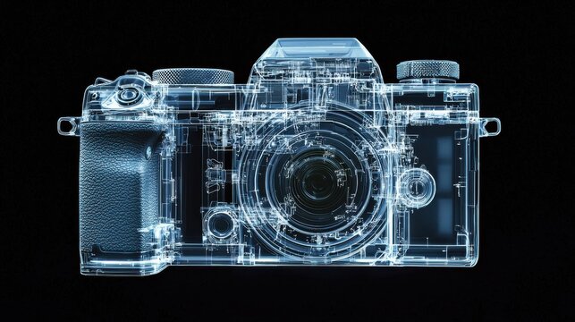 Abstract image of a camera, rendered in glowing blue lines against a black background. Details of the camera's internal mechanisms are visible.