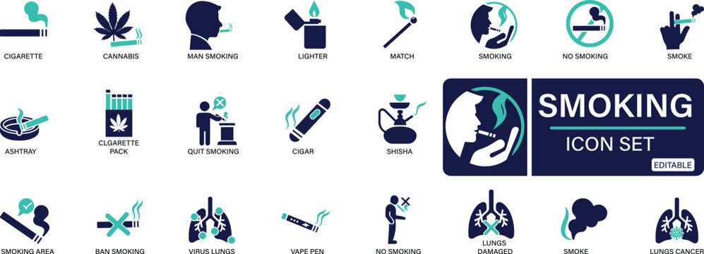 smoking icon set cigarette, cannabis, smoke, vape, cigar, ashtray, You can easily change the color