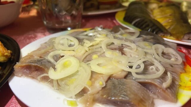 Rollmops herring roll with onion and pickles appetizer fresh tasty food dish delicious gourmet food background on the table rustic food top view copy space vegetarian food pescetarian 