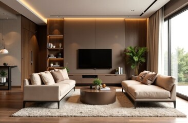 Stylish, modern living room in mocha mousse color