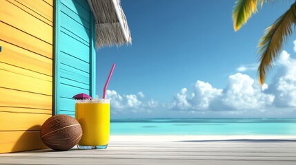 Obraz premium Caribbean beach, vibrant huts, coconut drinks, 3D illustration