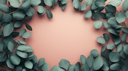 Leaves and greenery create fresh, calming frame on a pink background, copy space