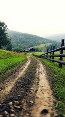 Dusty rural road with an old wooden fence on the side, simple country life, warm and rustic atmosphere, peaceful nostalgia