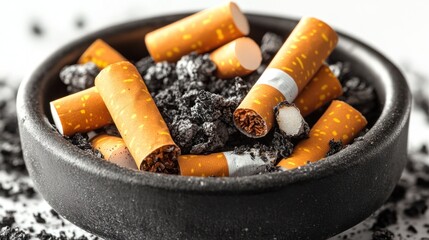 Used cigarettes in ashtray, harmful habit, indoor location, ash and smoke background