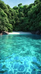 Exotic tropical beach, dense jungle backdrop, blue water, 3D illustration
