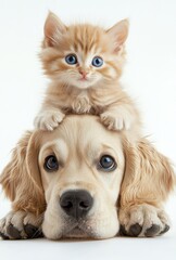 Obraz premium Adorable Puppy with Charming Kitten Posed Together on a Light Background for Cute Pet Photography