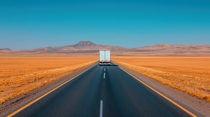 A lone semi truck navigating the winding desolate desert highway surrounded by vast arid landscapes and a shimmering hazy sky  The journey through this remote
