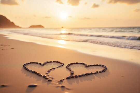 two heart shapes drawn with rocks on sandy beach at sunset