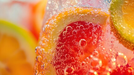 Abstract macro shot of a fizzy cocktail with floating fruit slices, bright and colorful composition, summer vibes, crisp details