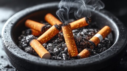 Used cigarettes in ashtray, smoking cessation, dark background, close-up