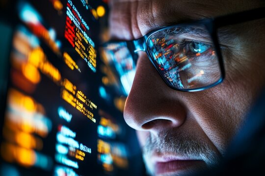 A forensic accountant discovering taxpayer fraud, reviewing flagged transactions on a computer, serious expression