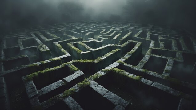 Intricate stone labyrinth surrounded by mist under soft lighting at twilight